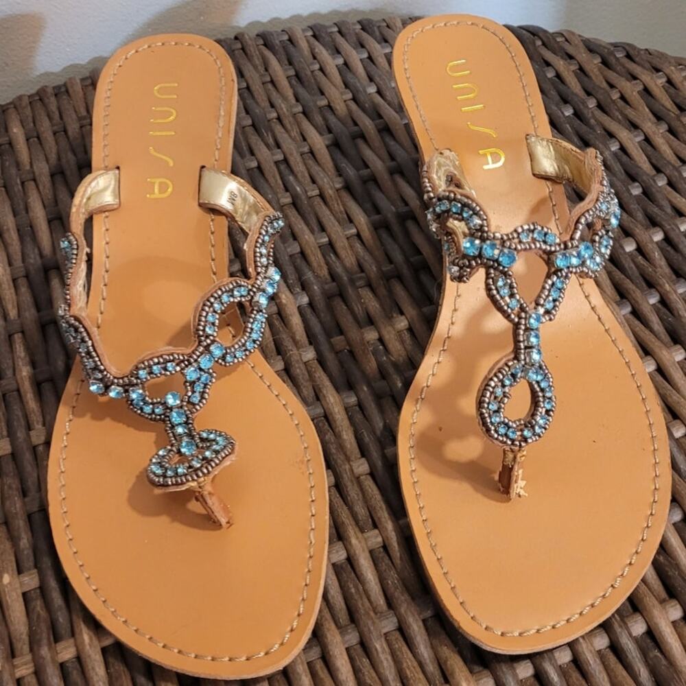 UNISA Rhinestone Cork Wedge Sandals 8 Tan Turquoise Flip Flop Beach Glam Resort